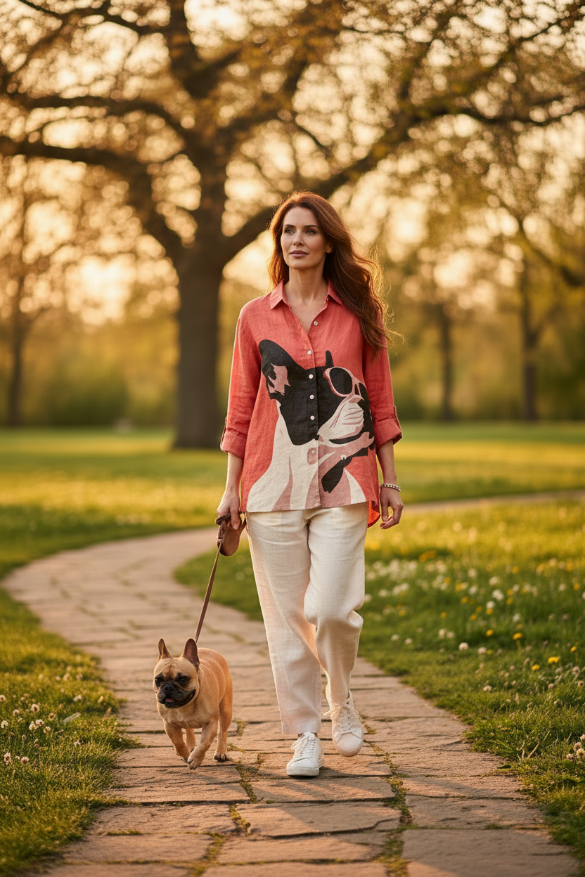 Samantha | Decorative Pattern of French Bulldog Wearing Sunglasses On Red Background Casual Shirt