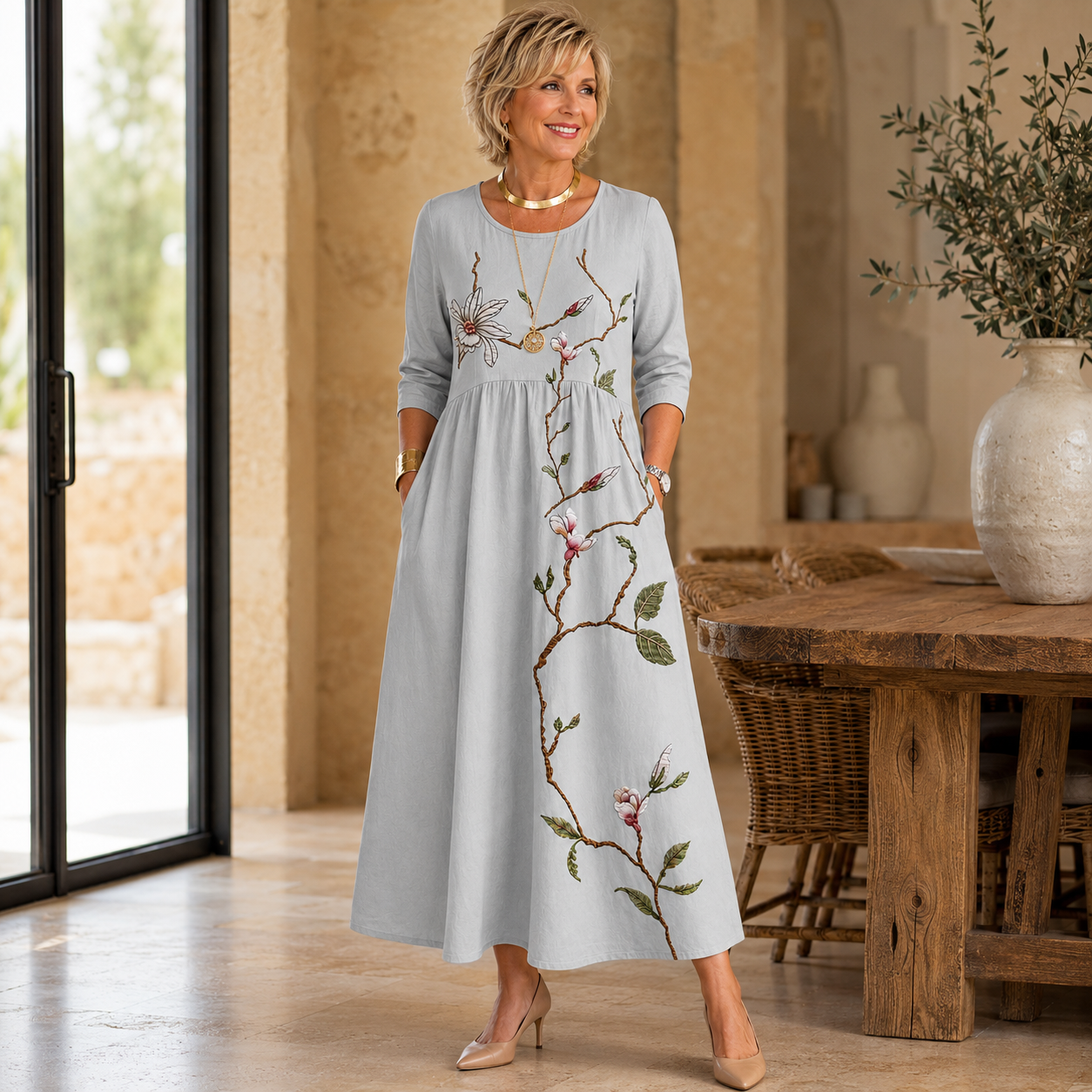 Silver Meadow Blossom Pocket Midi Dress.