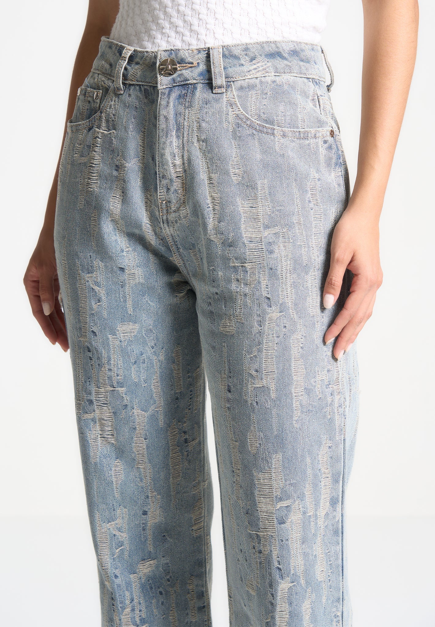 Florence - Distressed High Rise Straight Leg Jeans - Mid Blue