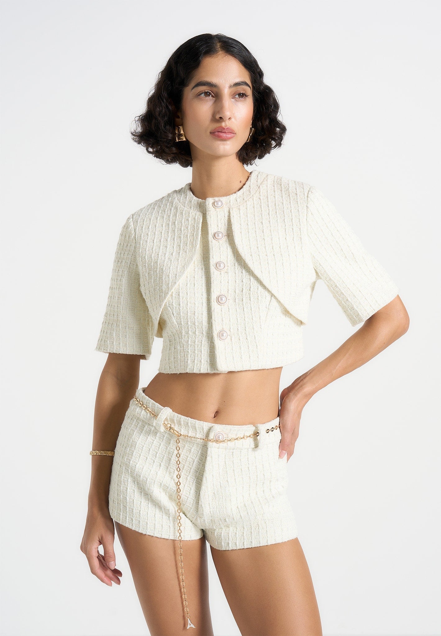 Alba - Tweed Mock Neck Curve Detailing Top - Cream