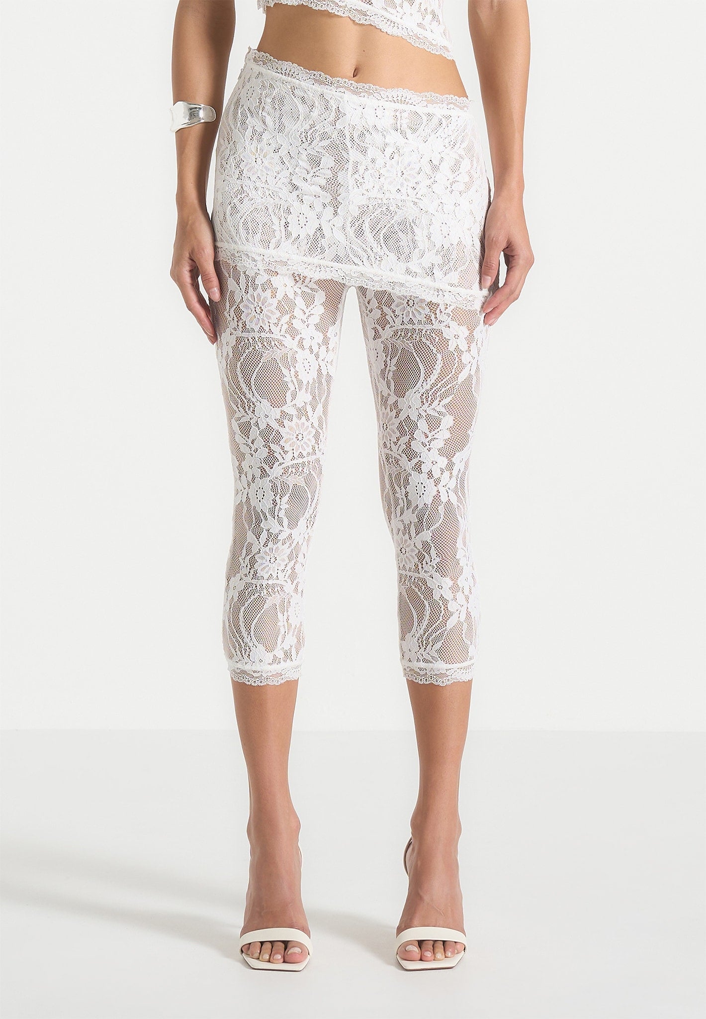 Aimee - Lace Asymmetric Capri Leggings - White