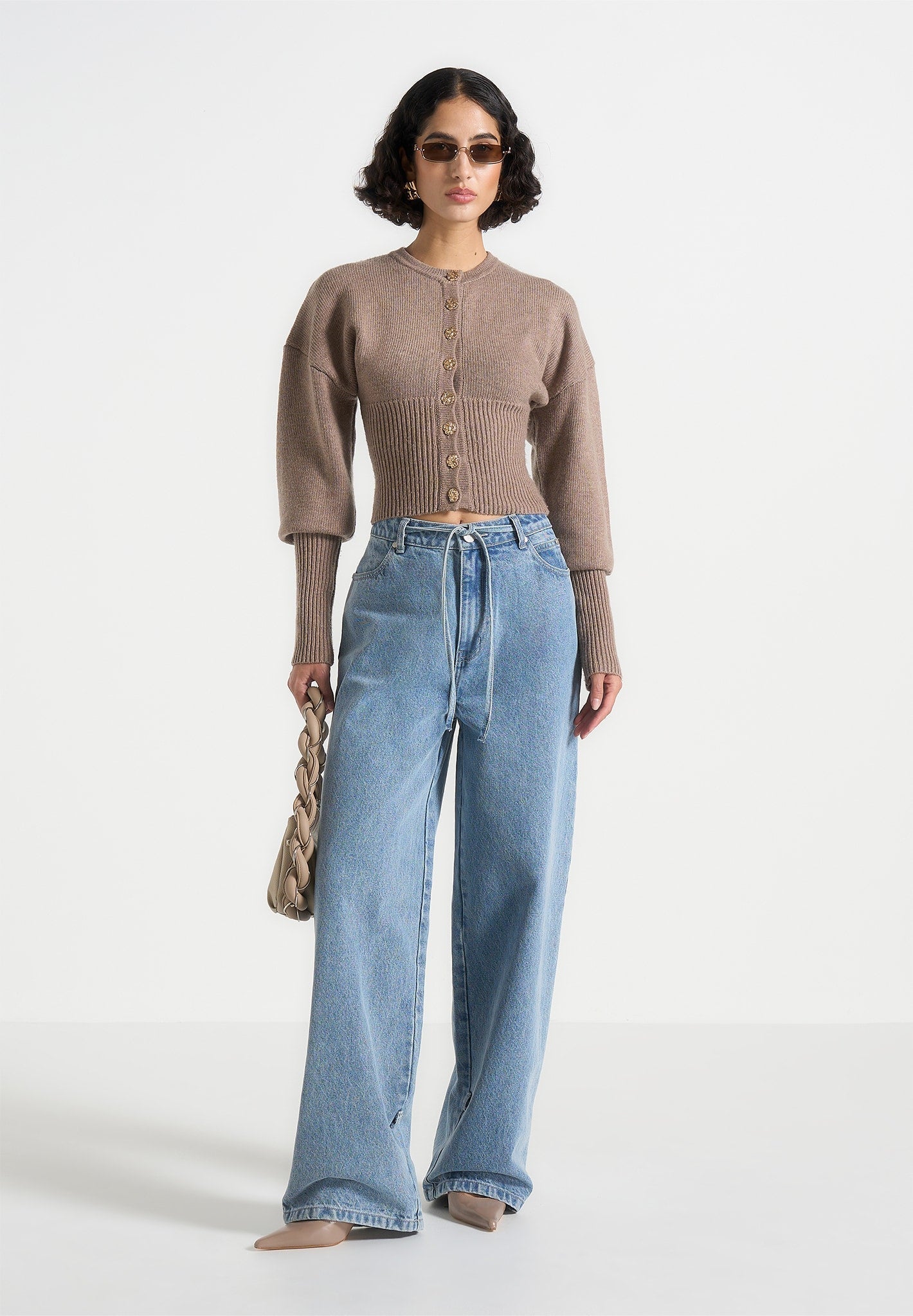 Knitted Cinch Waist Cardigan - Taupe