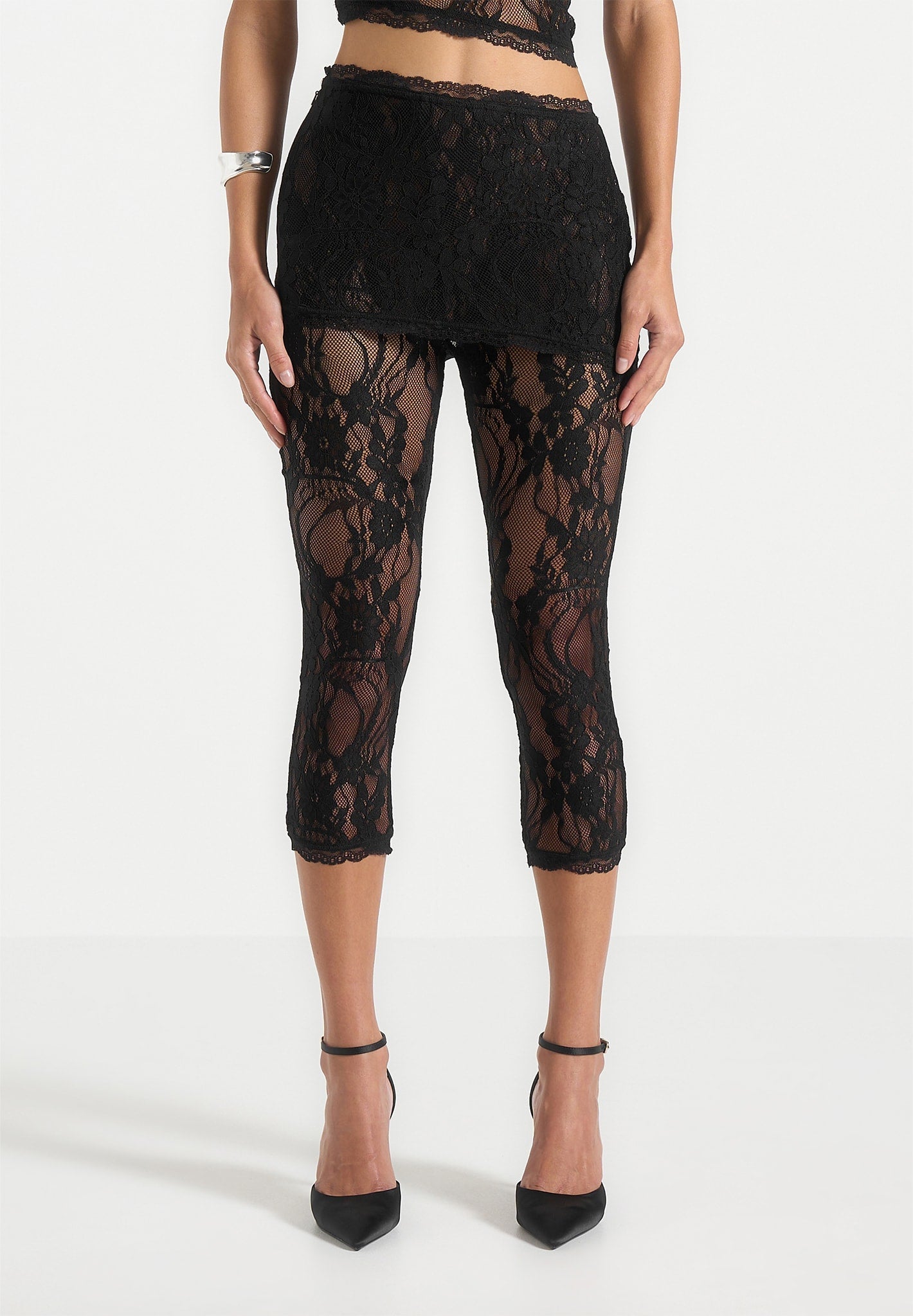 Aimee - Lace Asymmetric Capri Leggings - Black