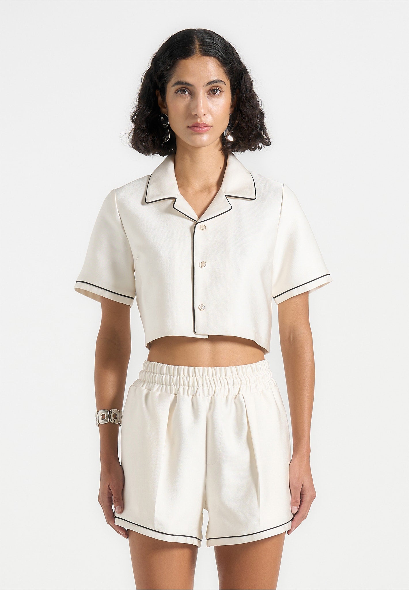 Maude - Satin Cropped Shirt with Piping - Off White