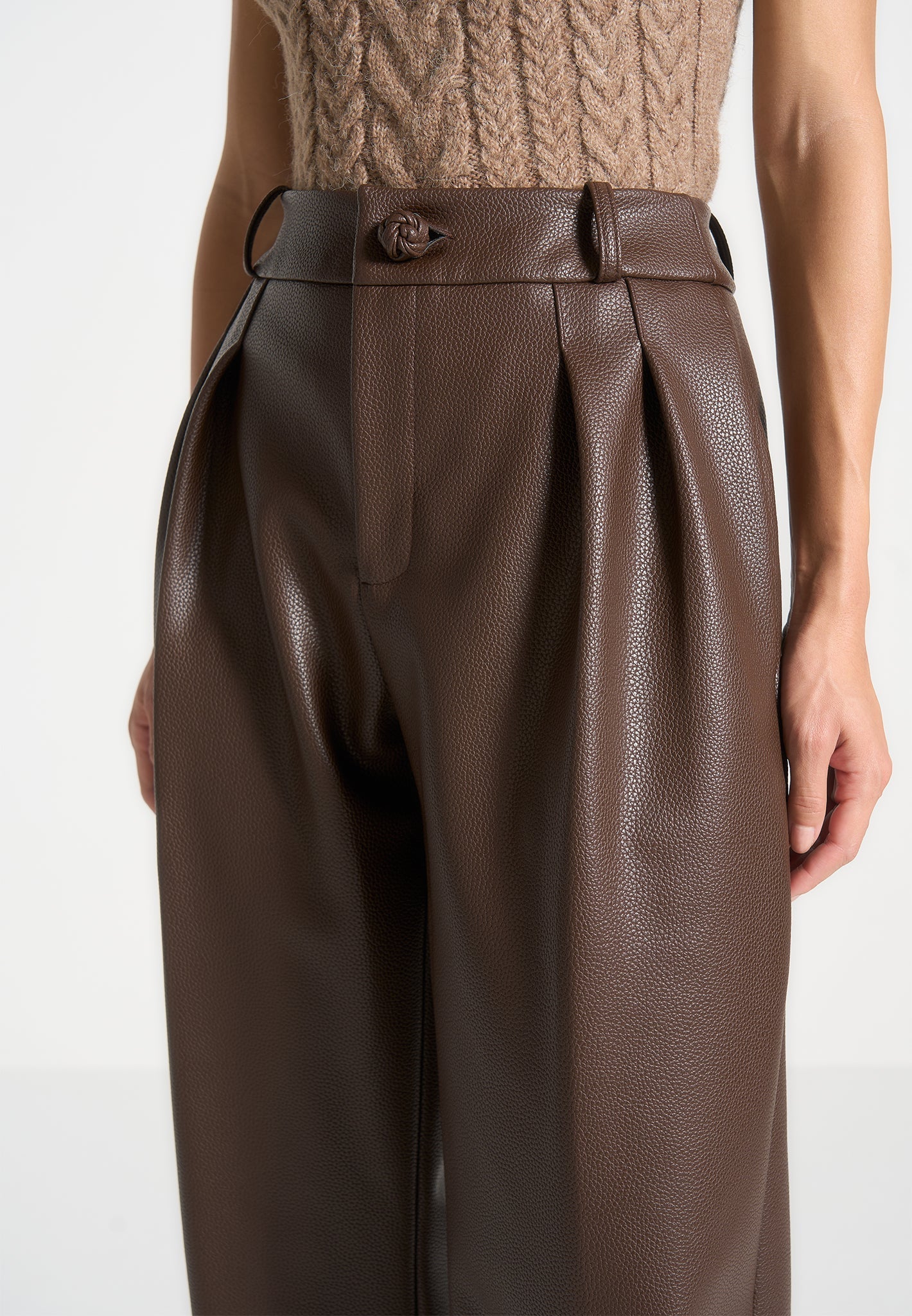 Olivia - Pebbled Leather Pleated Stacked Trousers - Brown