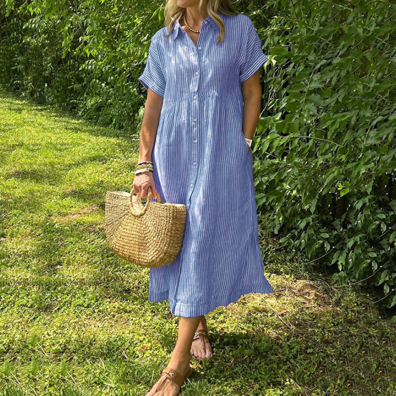 Striped Lapel Button Down Shirt Dress