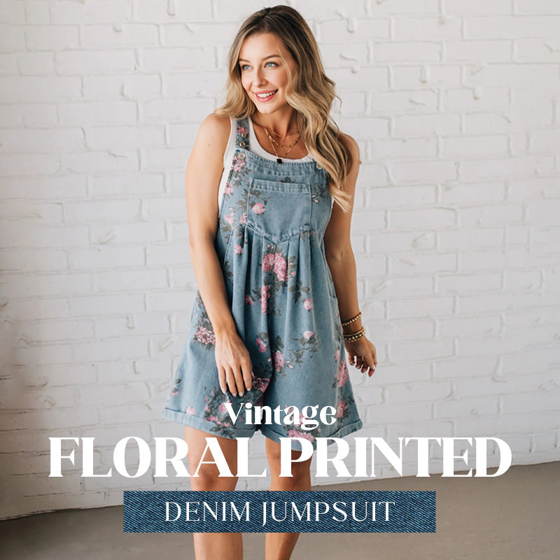 Vintage Floral Printed Denim Jumpsuit