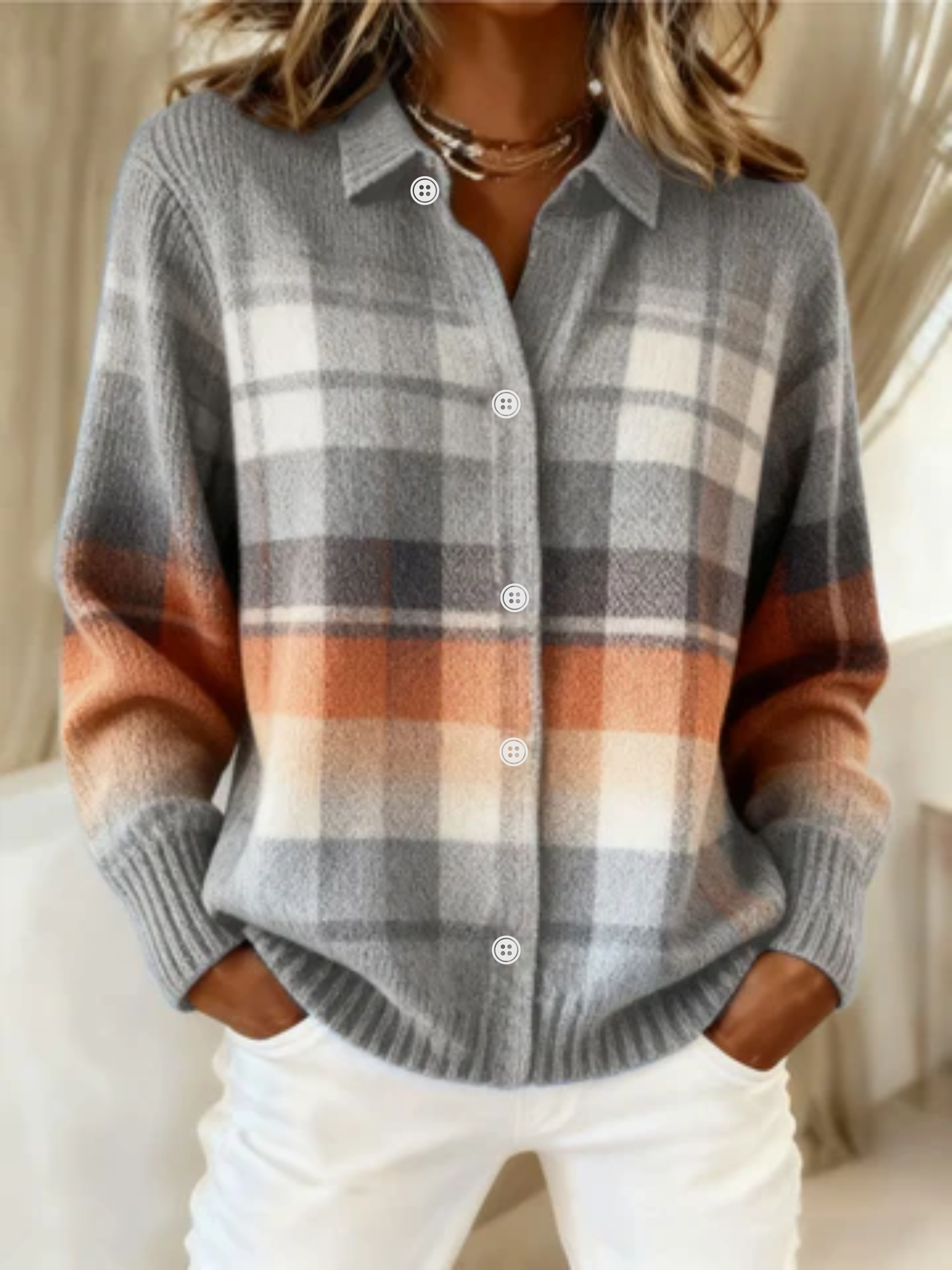 Elena | Checked Knit Blouse in Soft Tones