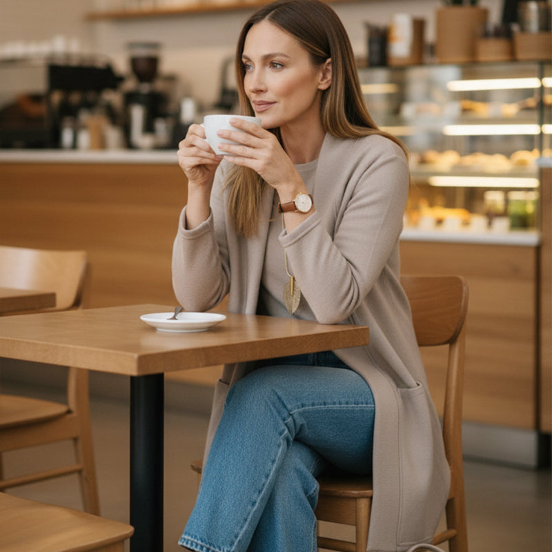 Elegant 3-piece set including long cardigan, top and pants