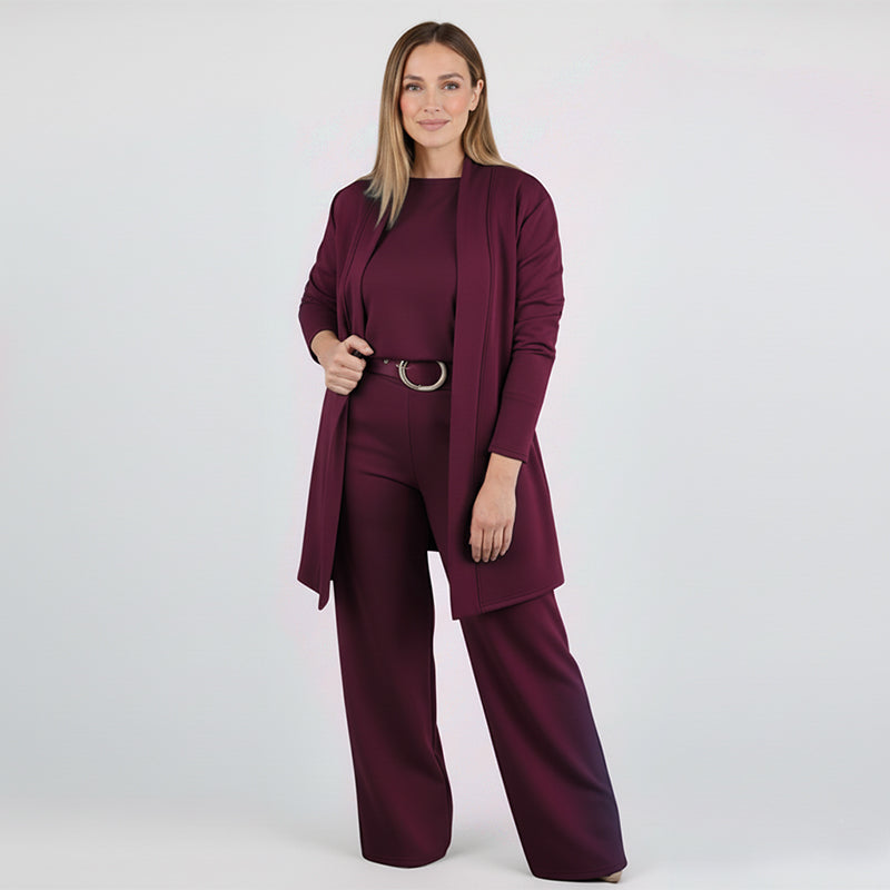 Elegant 3-piece set including long cardigan, top and pants