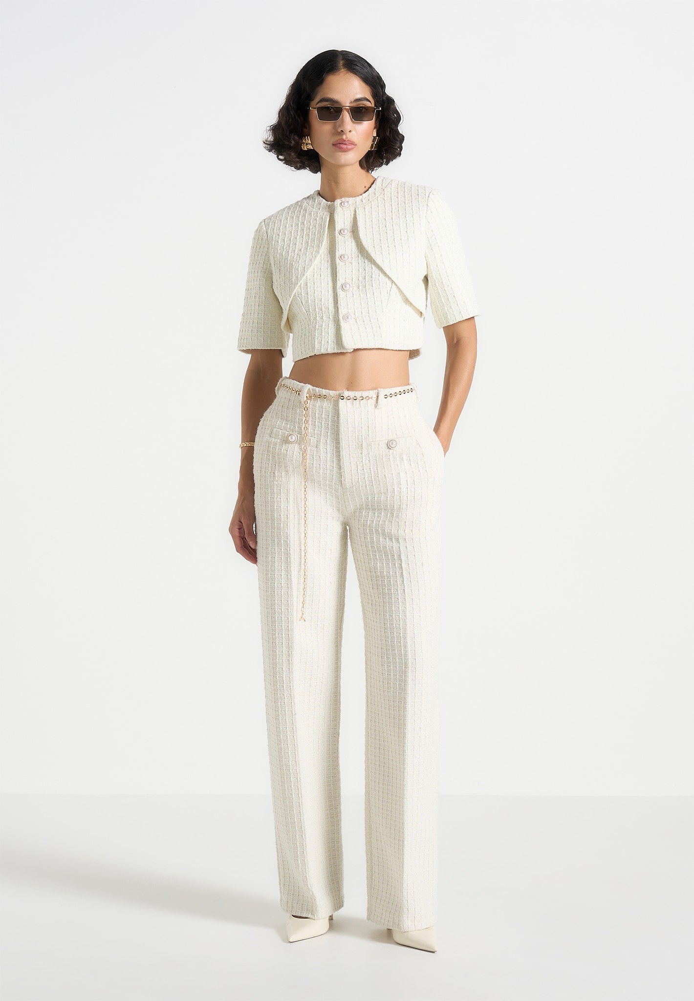 Alba - Tweed Mock Neck Curve Detailing Top - Cream
