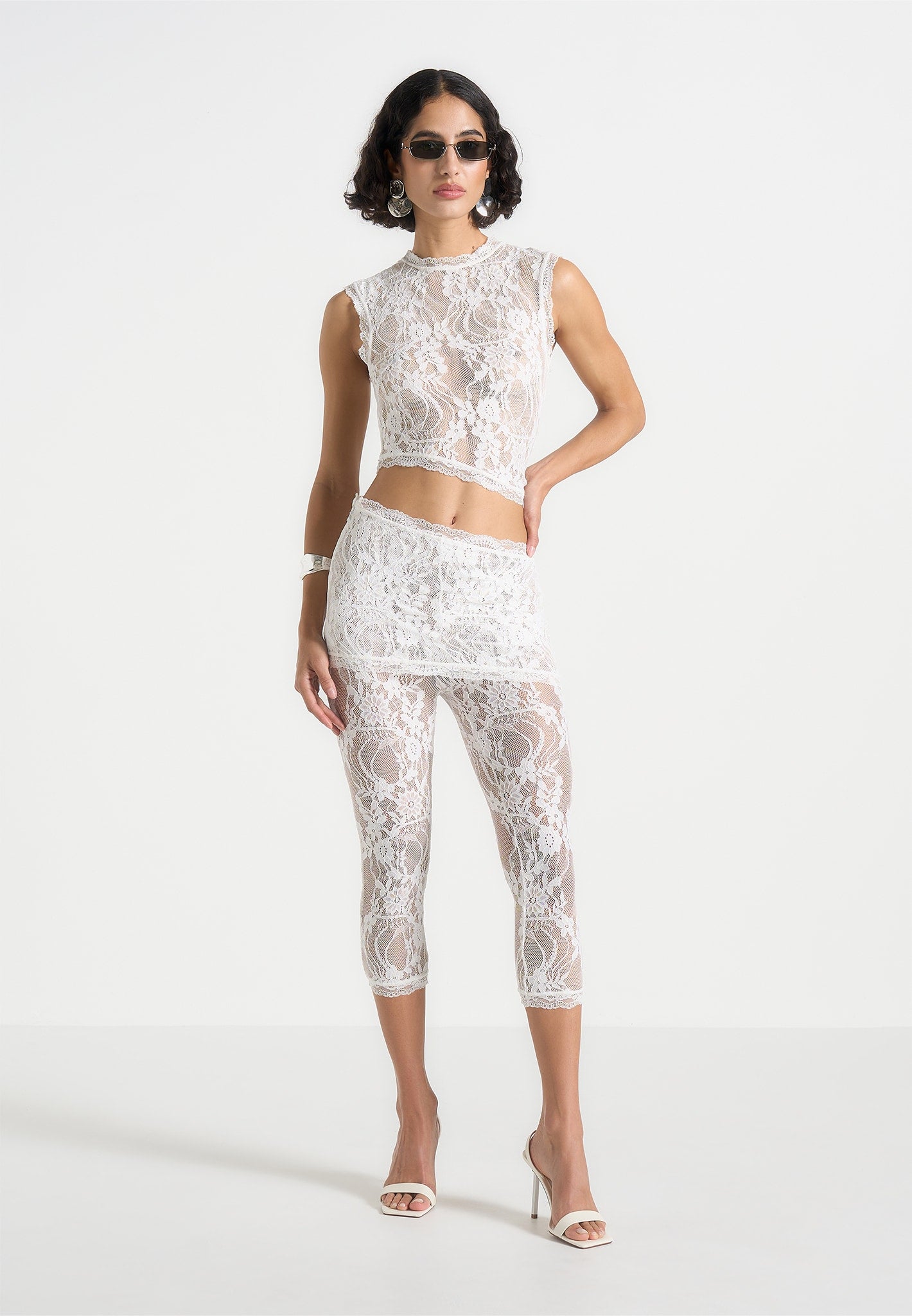 Aimee - Lace Asymmetric Capri Leggings - White