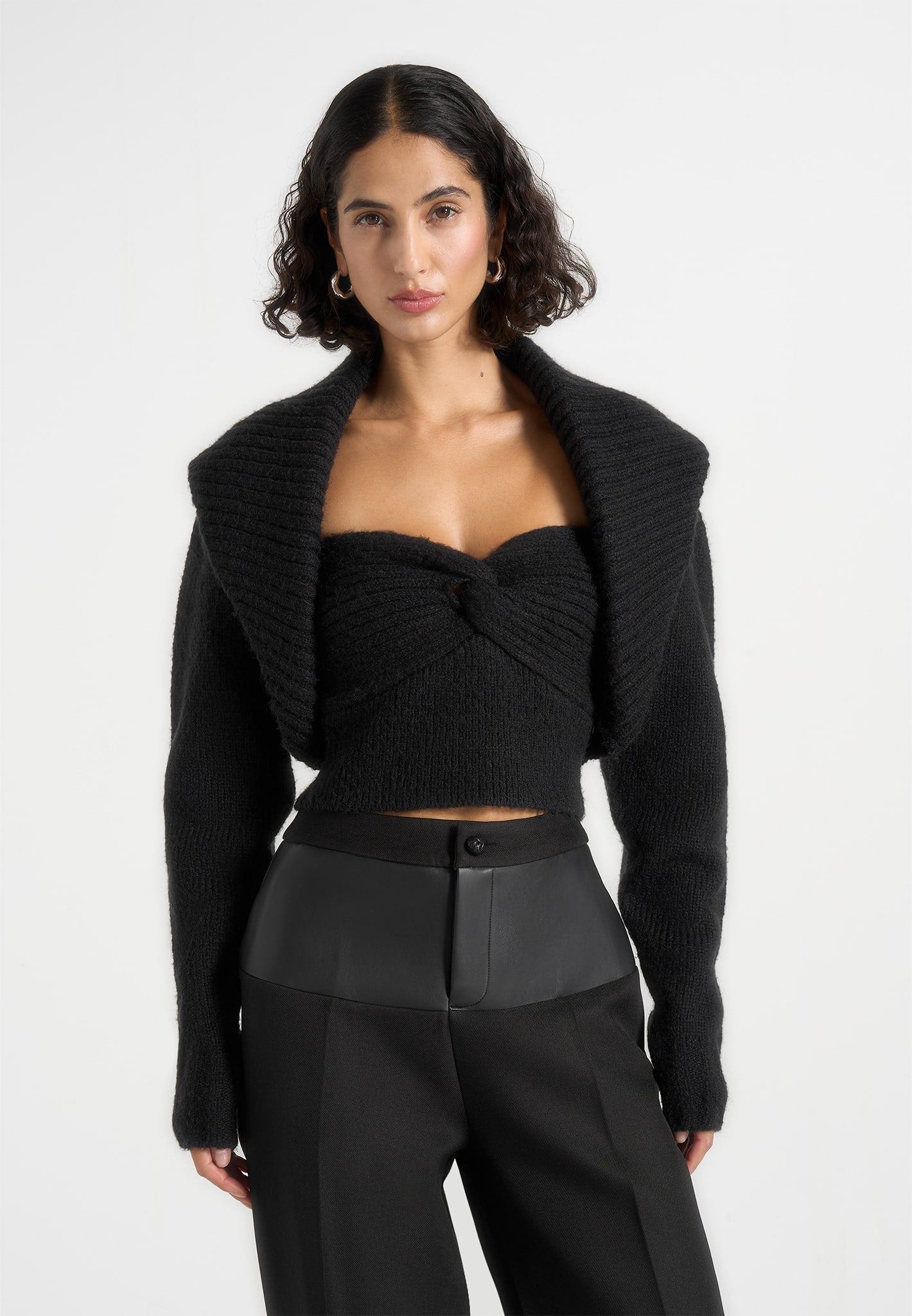 Emya - 2-in-1 Knit Shrug With Twisted Bandeau Top - Black