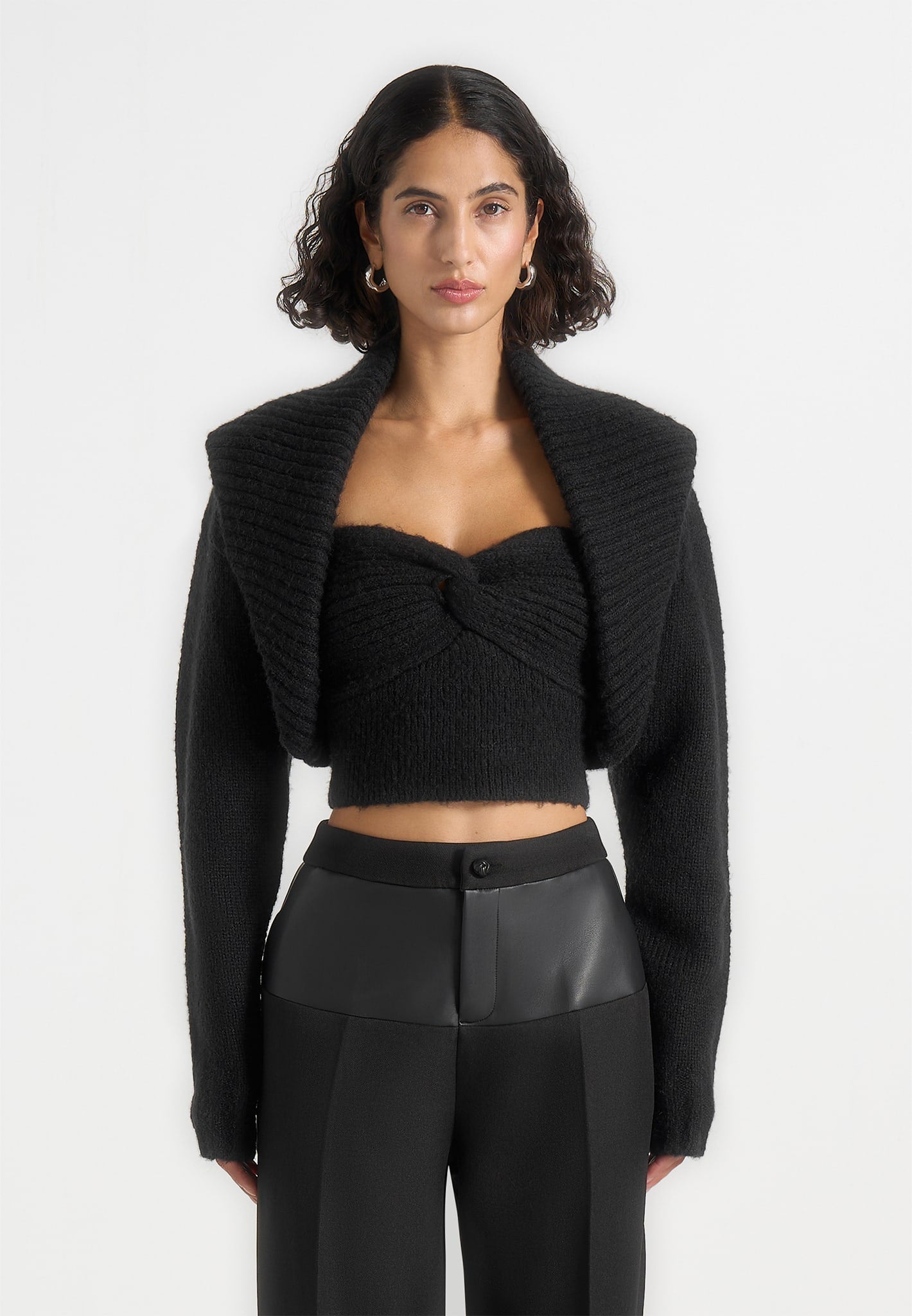 Emya - 2-in-1 Knit Shrug With Twisted Bandeau Top - Black