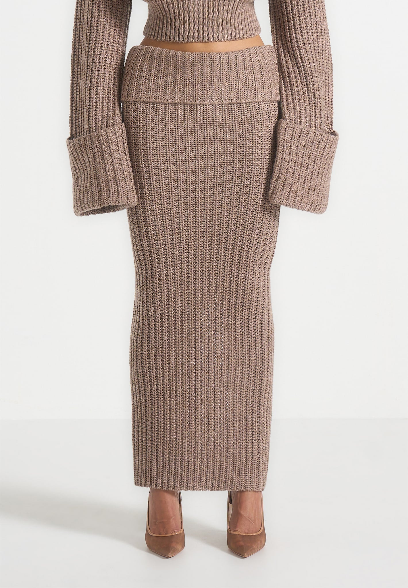 Lyra - Knit Maxi Skirt with Foldover - Taupe