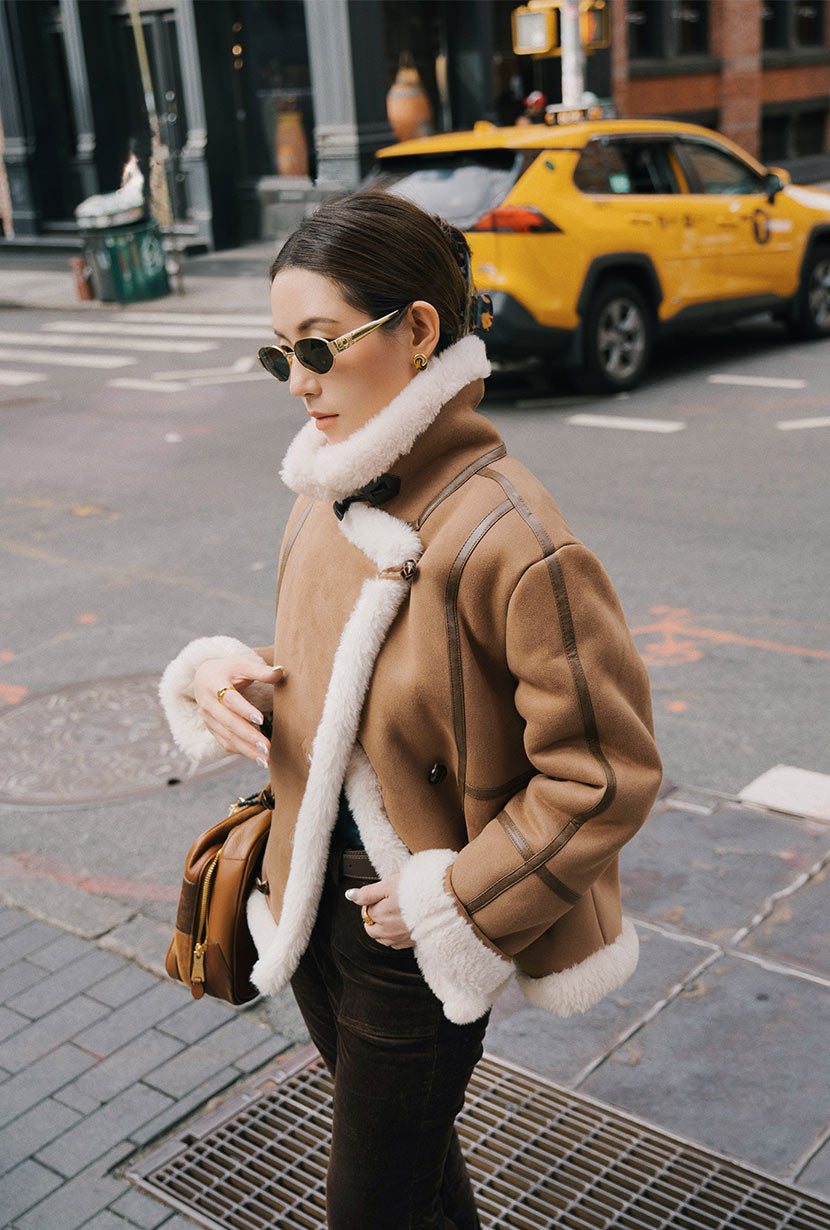 Callen Suede and Fur Faux Shearling Coat - Tawny