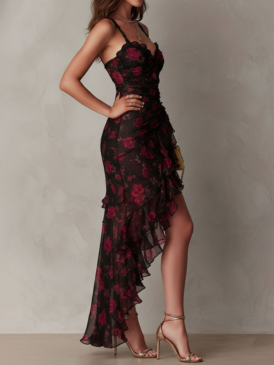Lowe | Floral Ruched Ruffle Hem Dress