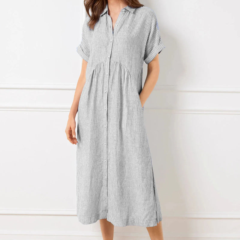 Striped Lapel Button Down Shirt Dress