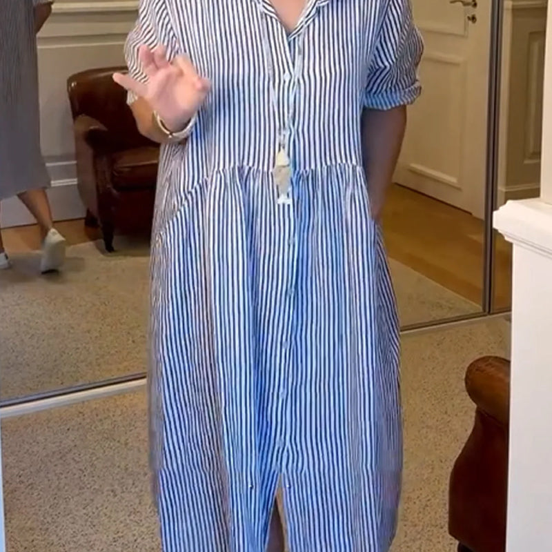 Striped Lapel Button Down Shirt Dress