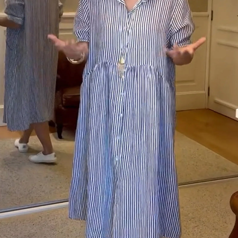 Striped Lapel Button Down Shirt Dress