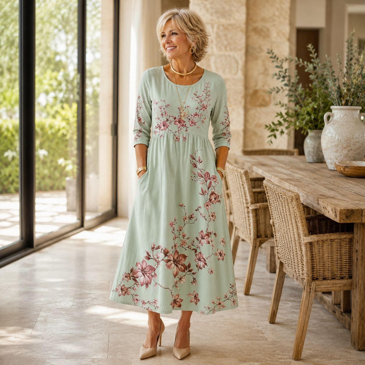 Sage Blossom Grace Pocket Midi Dress.